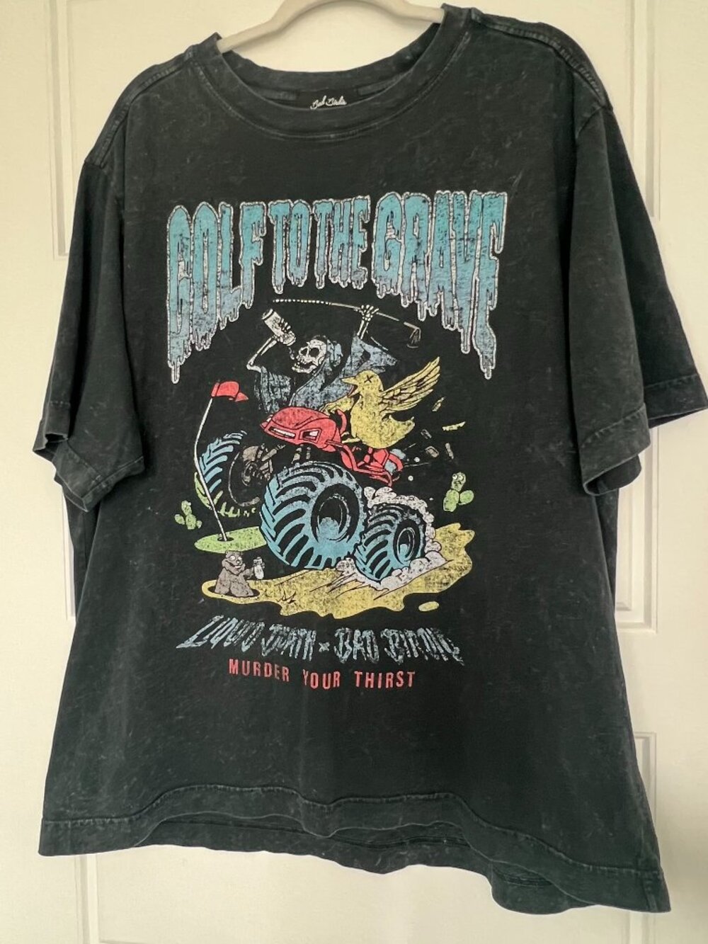 Bad Birdie x Liquid Death Golf To The Grave City Shirt Mens 2XL Black Acid Wash